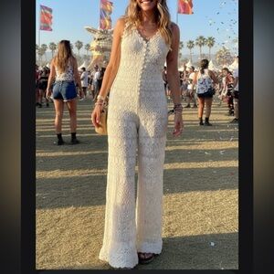 Vintage Martha Hill Knitted Crochet Cream Jumpsuit Wide Leg Flared V neck